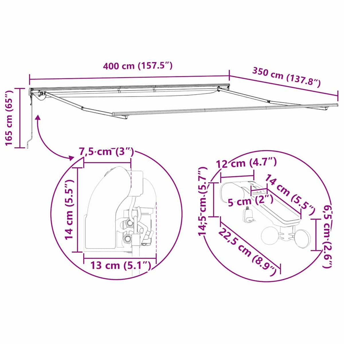 Diagramm einer ausziehbaren Markise mit Abmessungen in cm und Zoll. Enthält Nahaufnahmen von Montage- und Mechanismusdetails.