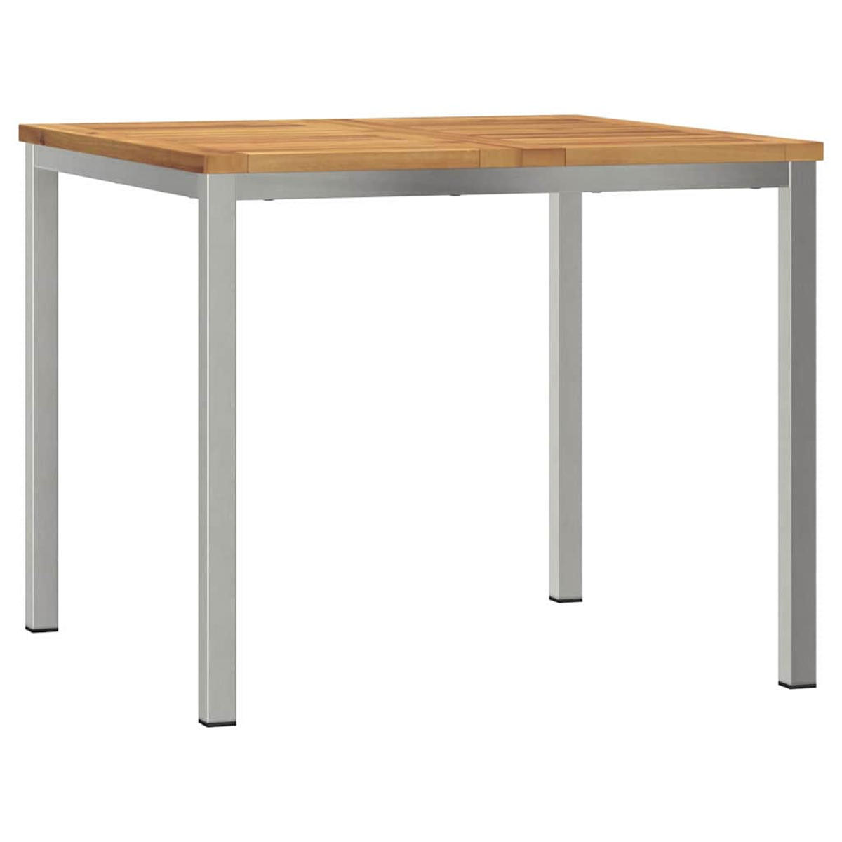 Ein quadratischer Gartentisch. Er hat eine hellbraune Holzplatte und silberne Metallbeine. Der Hintergrund ist weiß.