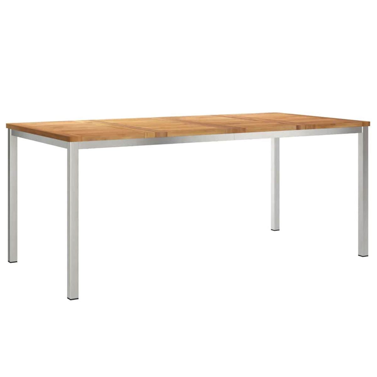 Ein rechteckiger Holztisch mit hellbrauner Oberfläche und silbernen Beinen steht vor weißem Hintergrund. Der Tisch ist leer.