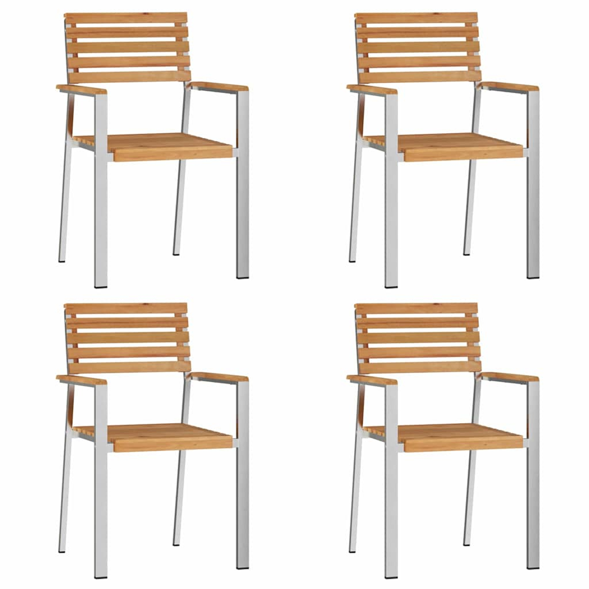 Vier Holzstühle mit silbernen Beinen sind quadratisch angeordnet. Jeder Stuhl hat eine Lattenlehne und -sitz mit Armlehnen.