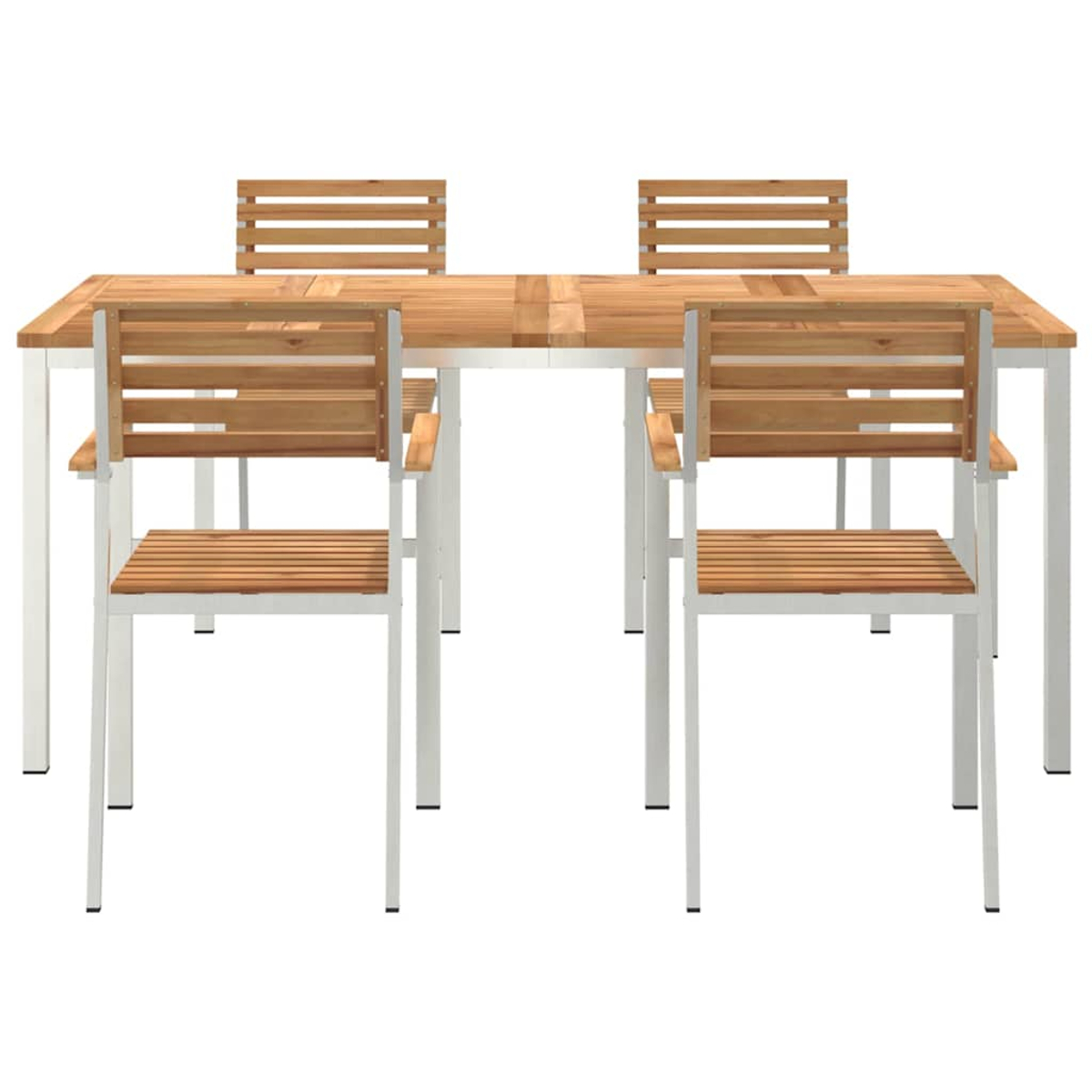 Ein Holztisch mit vier passenden Stühlen. Der Tisch hat eine hellbraune Platte und weiße Beine. Die Stühle haben weiße Gestelle und Holzlatten.