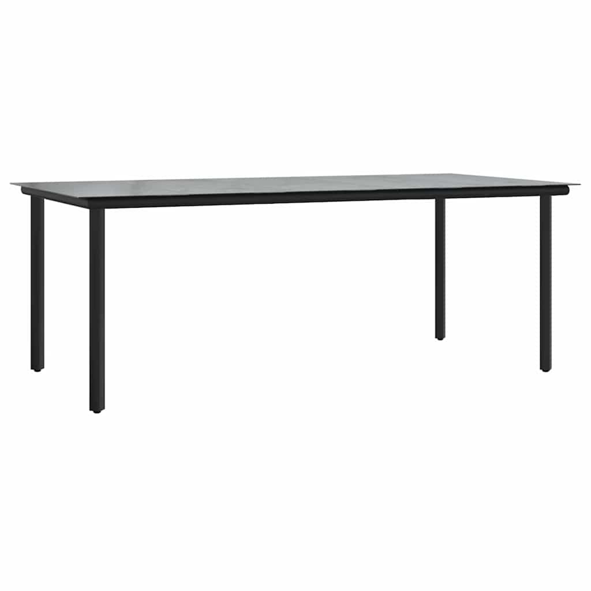 Ein rechteckiger Tisch mit dunkler grauer Platte und schwarzen Beinen. Der Tisch ist vor weißem Hintergrund isoliert.