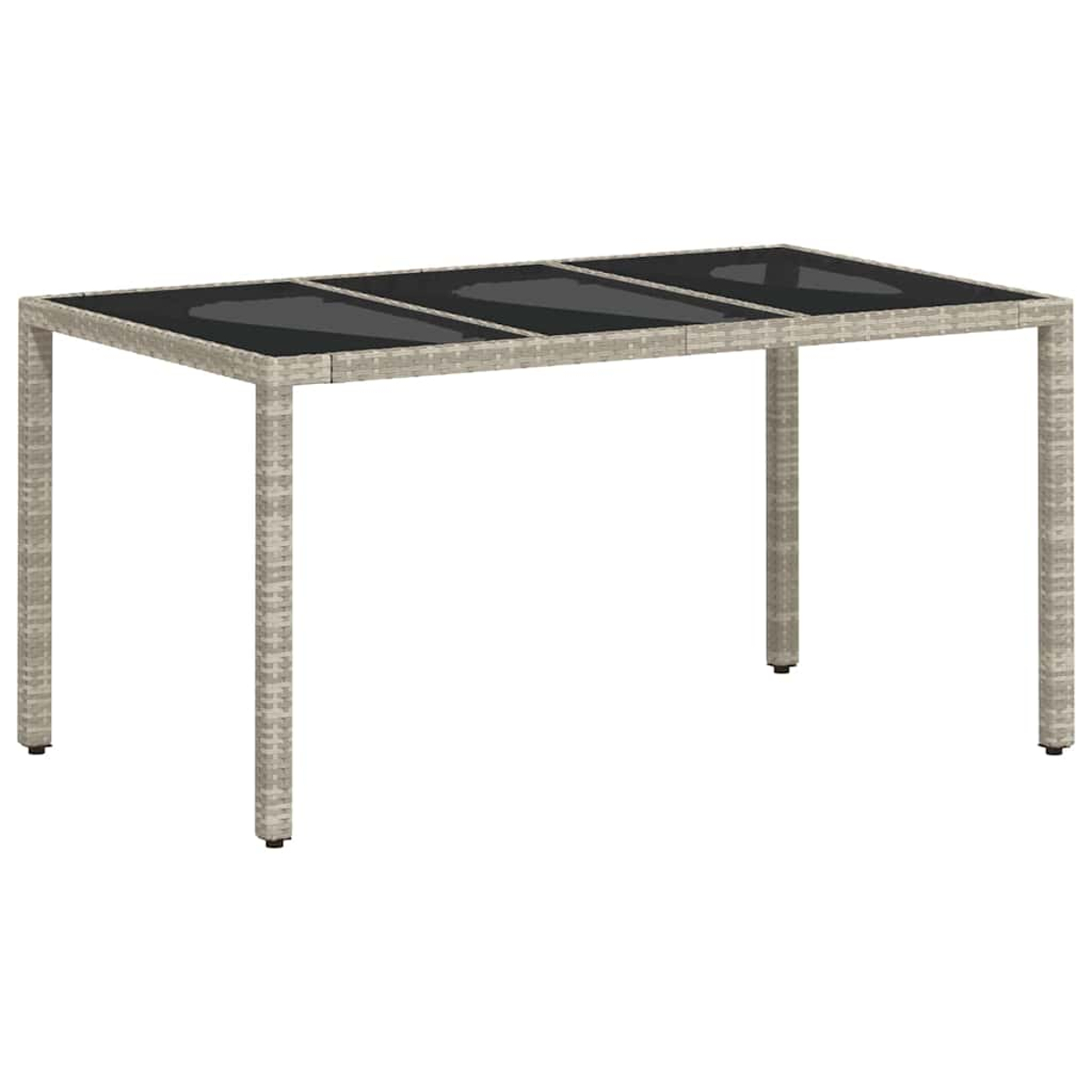 Rechteckiger Gartentisch. Er hat ein helles, gewebtes Gestell und drei dunkle Glasplatten oben. Schwarze Füße.