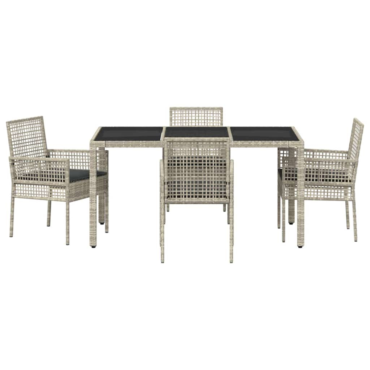 Ein rechteckiger Tisch mit vier Stühlen. Der Tisch hat eine dunkle Platte. Die Stühle und der Tisch sind hell und haben ein gewebtes Design.