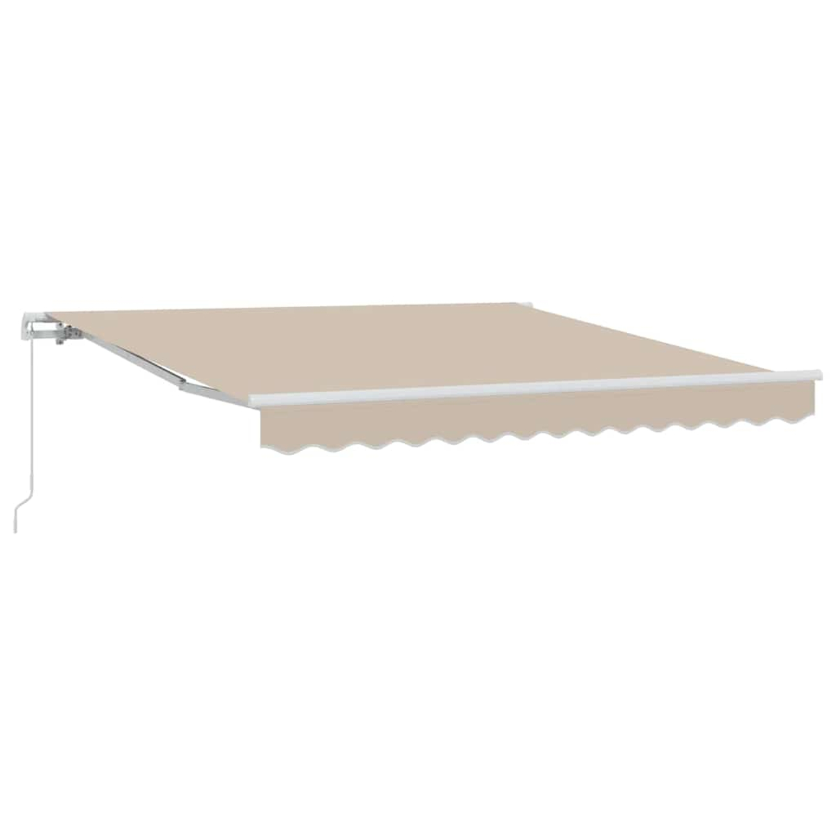 Una tenda da sole retrattile beige è montata su un muro bianco. La tenda da sole è estesa, con un bordo smerlato. Un braccio di supporto bianco è visibile.