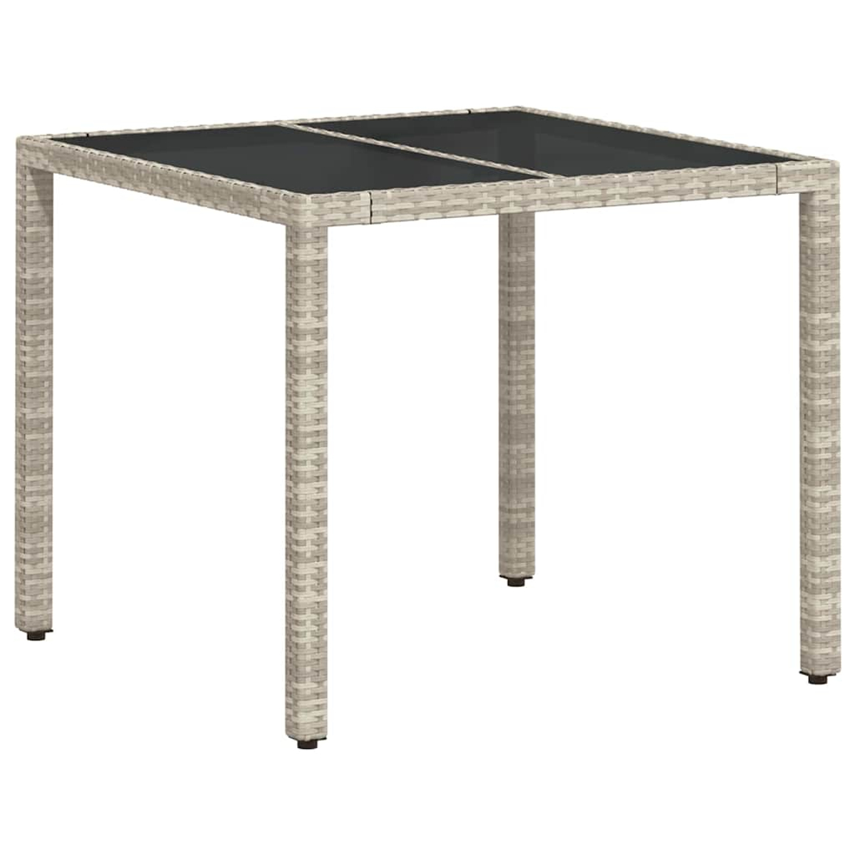 Ein quadratischer Gartentisch mit grauem, gewebtem Rahmen und dunkler Glasplatte. Der Tisch hat vier Beine und steht auf weißem Hintergrund.