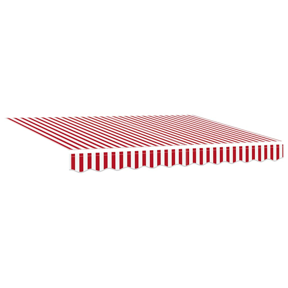 Ein rot-weiß gestreifter Sonnenschutz, leicht nach oben abgewinkelt. Der untere Rand hat ein Muscheldesign, und der Hintergrund ist weiß.