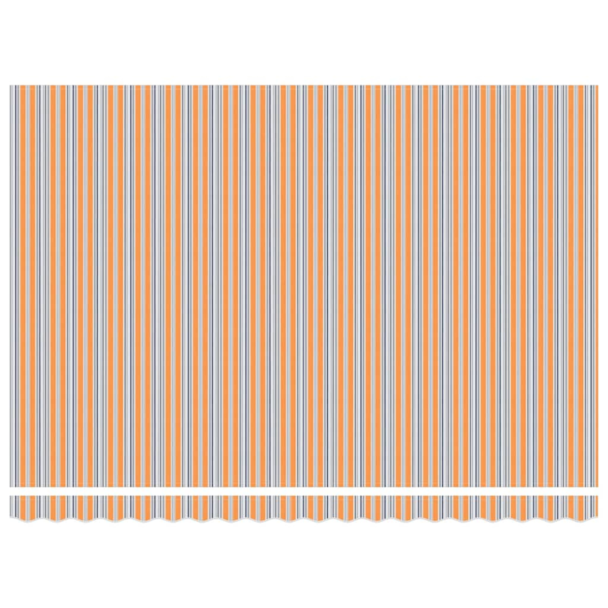 Ein gestreiftes Muster mit senkrechten Linien in Orange, Weiß und Dunkelblau. Unten ein weißer, gezackter Rand.