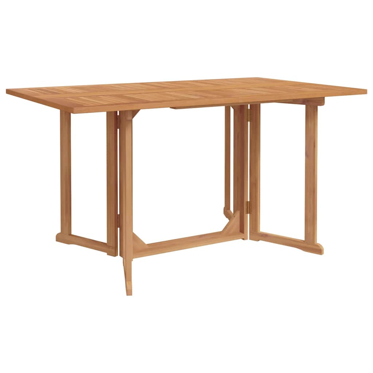 Ein rechteckiger Holztisch mit Klappseiten. Er hat vier Beine und eine hellbraune Farbe. Der Hintergrund ist weiß.