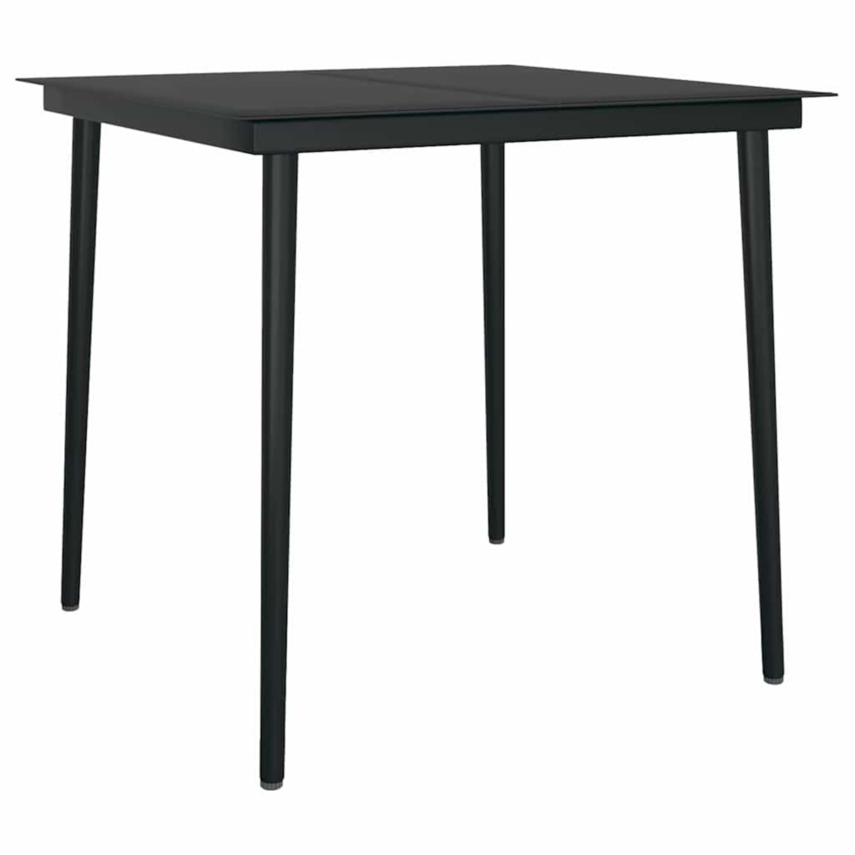 Ein quadratischer, schwarzer Tisch mit vier schwarzen Beinen. Der Tisch ist leer. Weißer Hintergrund.