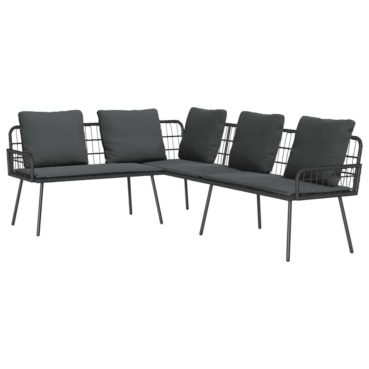 Dunkelgraues Ecksofa für draußen mit schwarzem Metallrahmen und Beinen. Es hat vier quadratische Kissen.