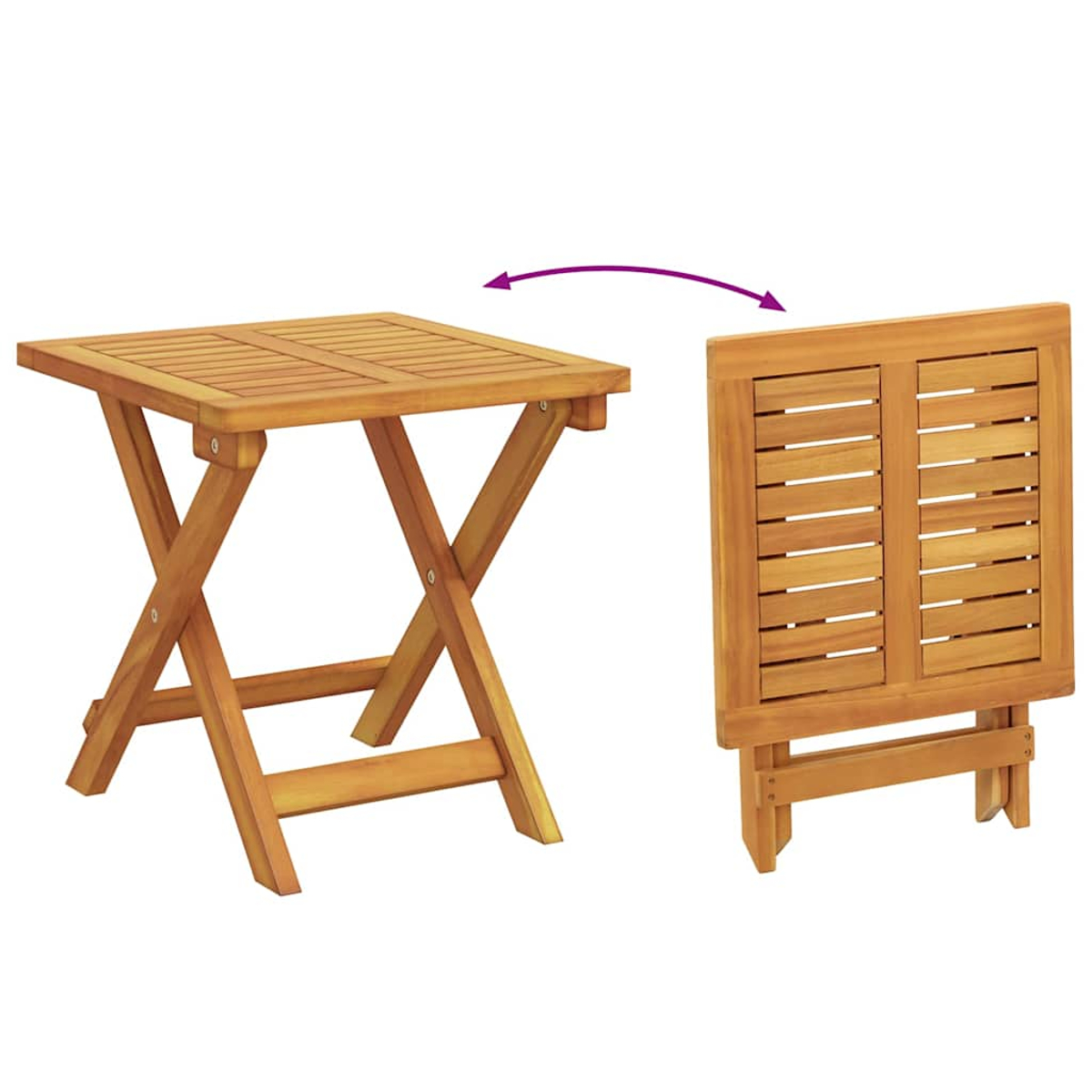 Klapptisch aus Holz mit quadratischer Tischplatte und Lamellendesign. Eine Seite ist gefaltet. Pfeil zeigt den Klappvorgang.