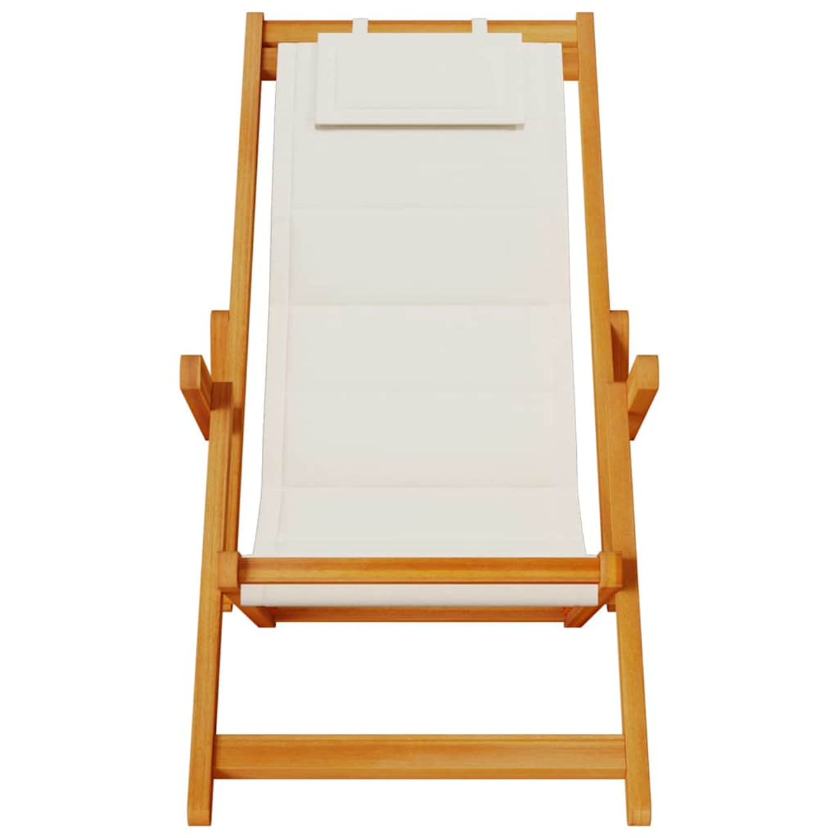 Tumbona de madera plegada. Cuenta con asiento y reposacabezas acolchados blancos. El marco es de madera marrón claro.