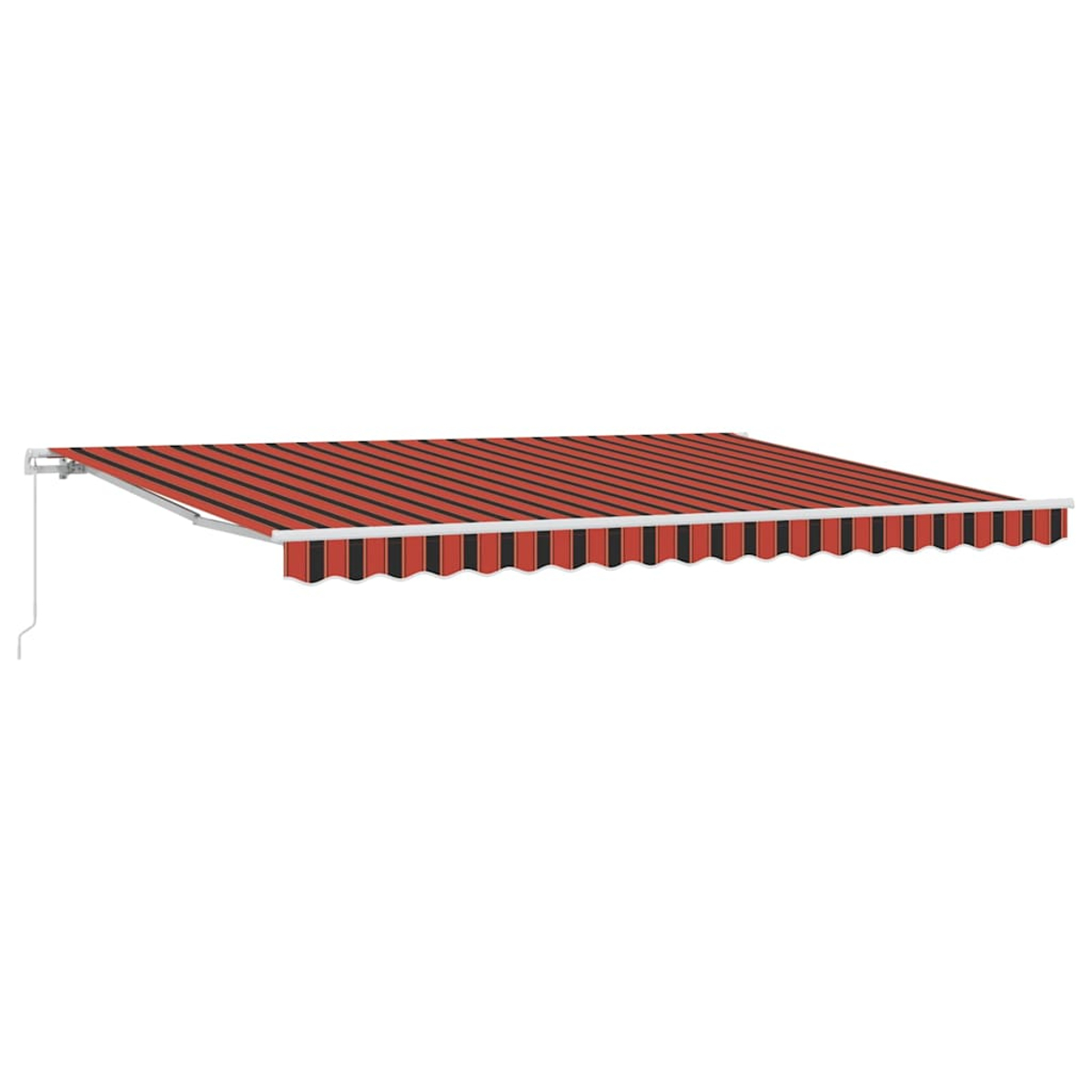 Una tenda da sole retrattile a strisce rosse e nere è estesa. Ha una struttura bianca e si trova su uno sfondo bianco.