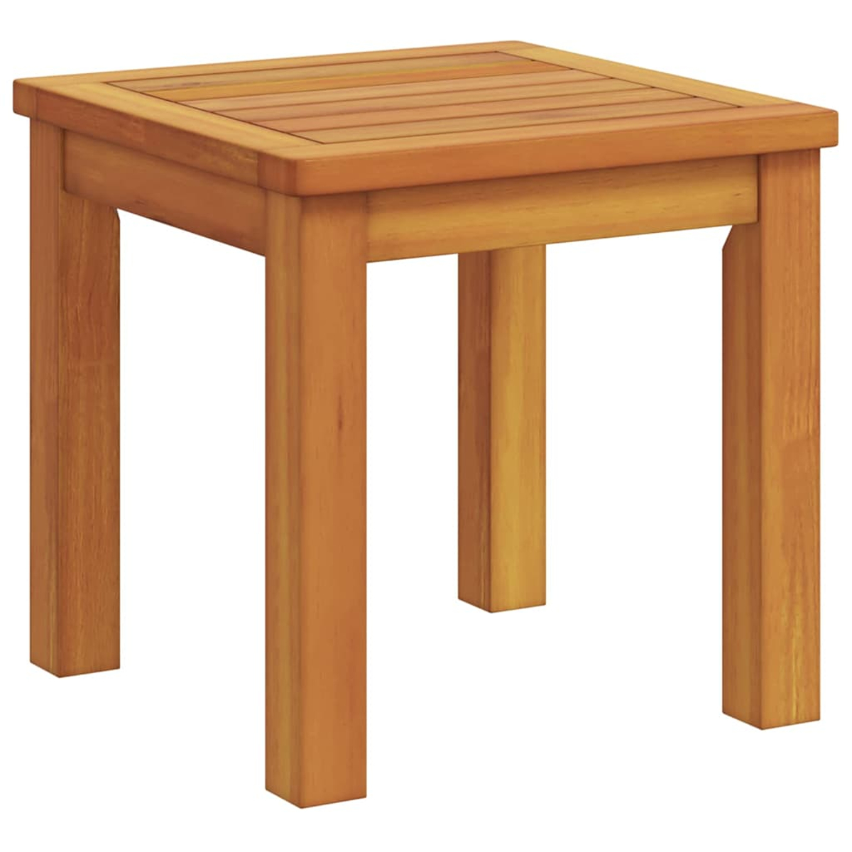 Ein quadratischer Beistelltisch aus Holz mit Lattenrost und vier stabilen Beinen, alles in einem warmen, natürlichen Holzton, vor weißem Hintergrund.