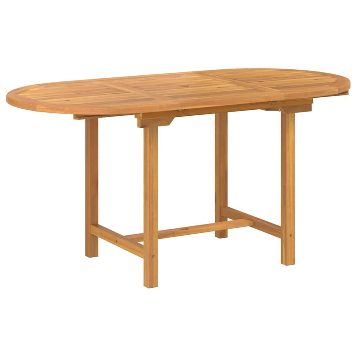 Ovaler Holztisch mit hellbrauner Farbe, vier Beinen und weißem Hintergrund.