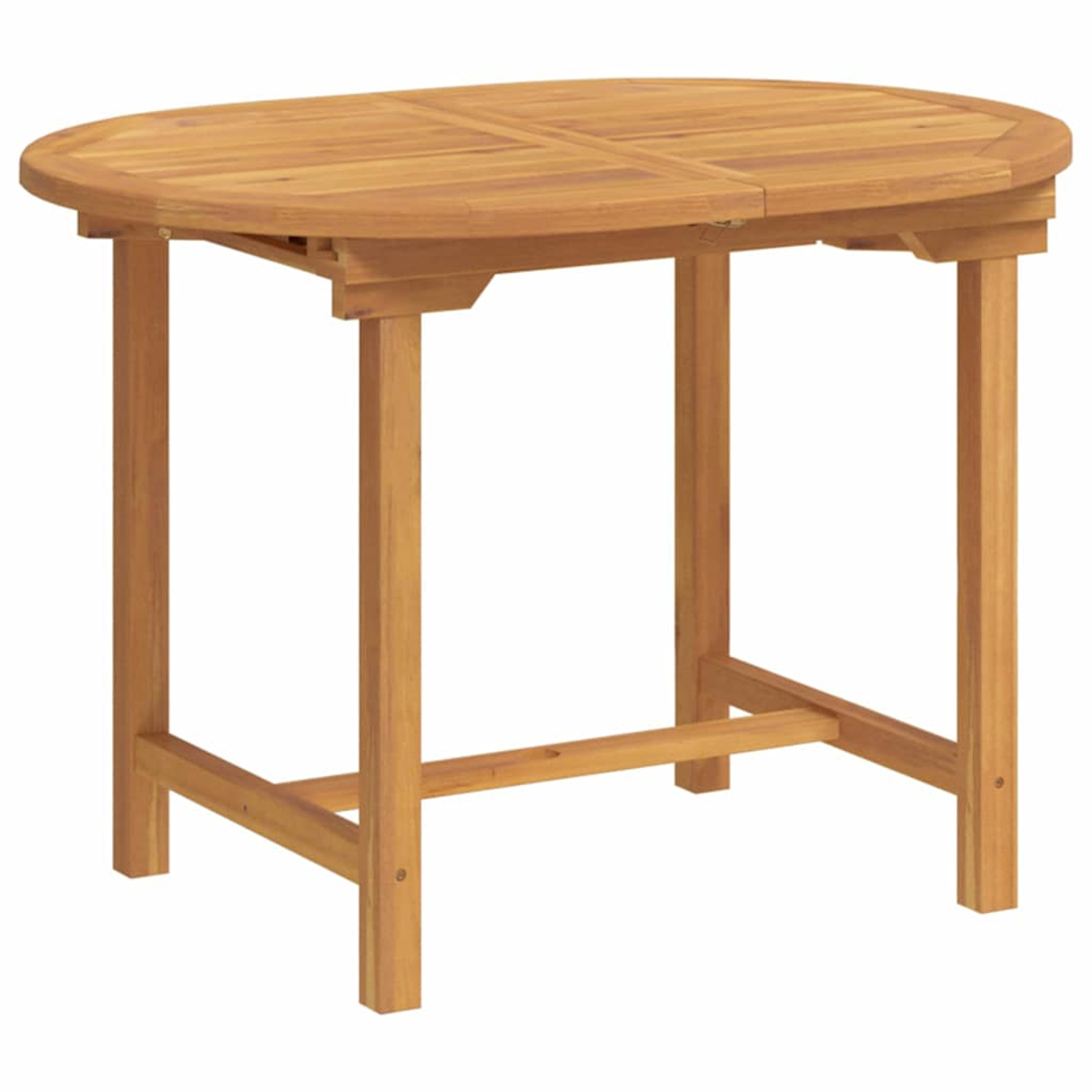 Ein ovaler Holztisch mit vier Beinen. Die Tischplatte besteht aus Holzbrettern. Der Tisch steht auf weißem Hintergrund.