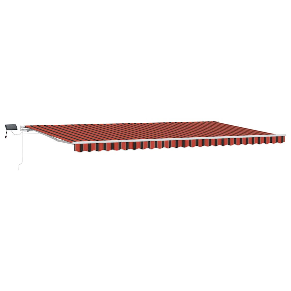 Eine ausziehbare Markise mit roten und schwarzen Streifen ist ausgefahren. Auf der linken Seite ist ein kleines Solarpanel mit weißem Kabel montiert.