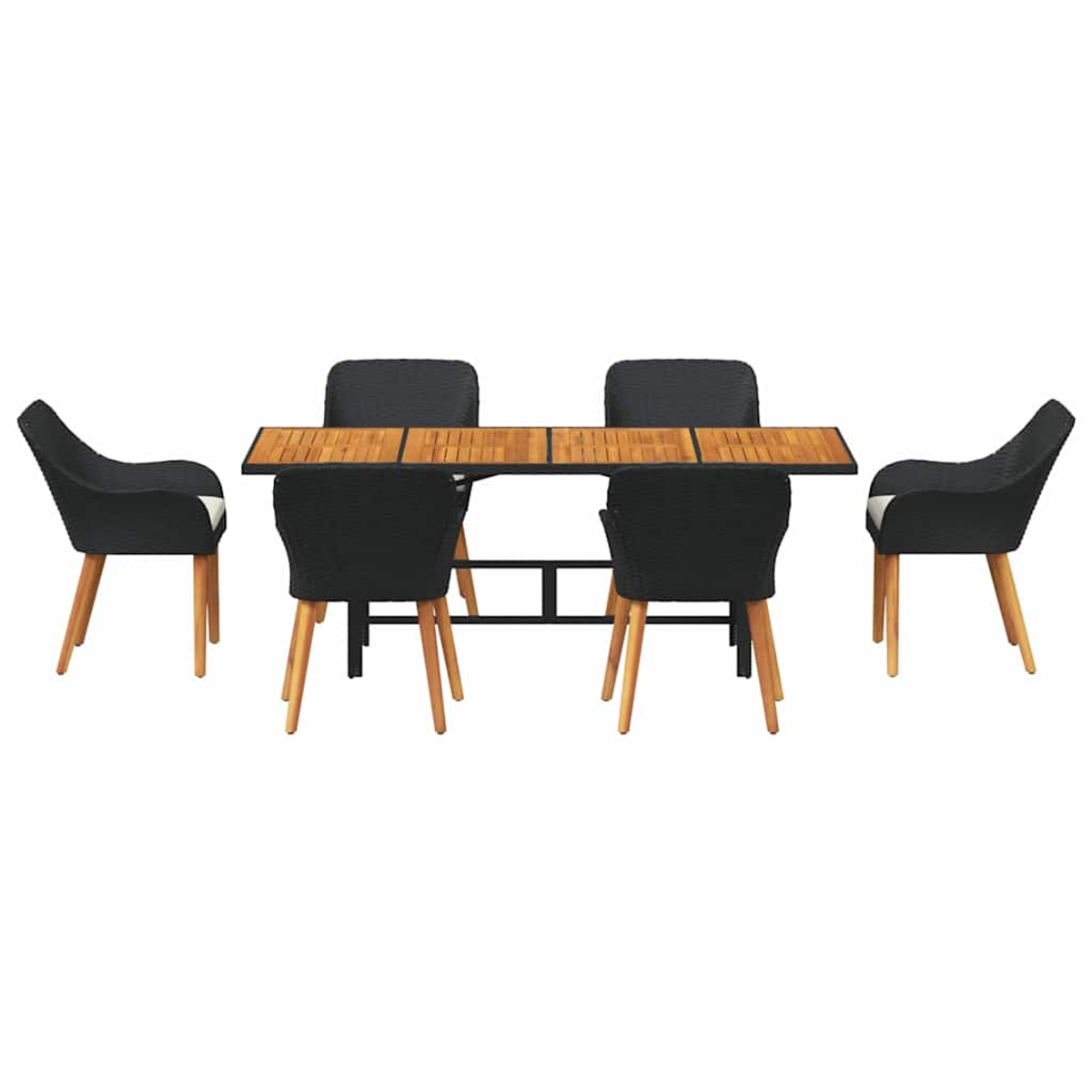 Ein rechteckiger Holztisch mit schwarzen Stühlen. Vier schwarze Korbstühle umgeben den Tisch, zwei auf jeder Seite und einer an jedem Ende.