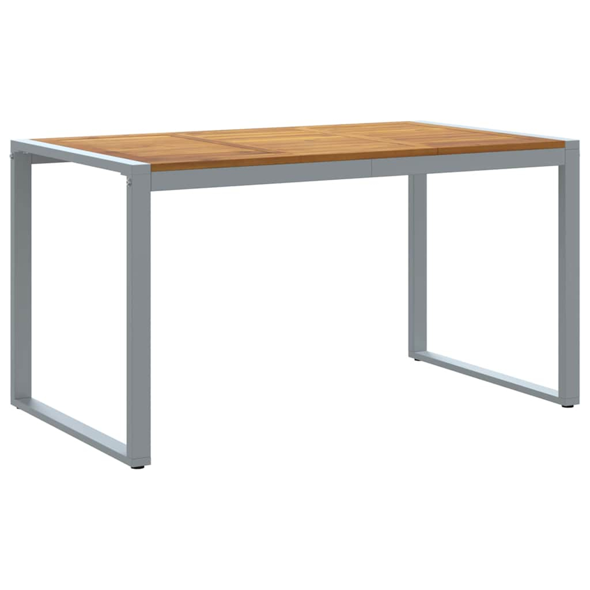 Ein rechteckiger Tisch mit Holzplatte und grauem Metallrahmen. Der Tisch ist leer, vor weißem Hintergrund.