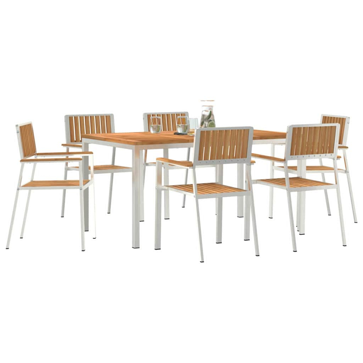 Ein Holztisch mit sechs Stühlen. Die Stühle haben Holzlehnen und -sitze mit weißen Metallrahmen. Ein Glas Wasser steht auf dem Tisch.