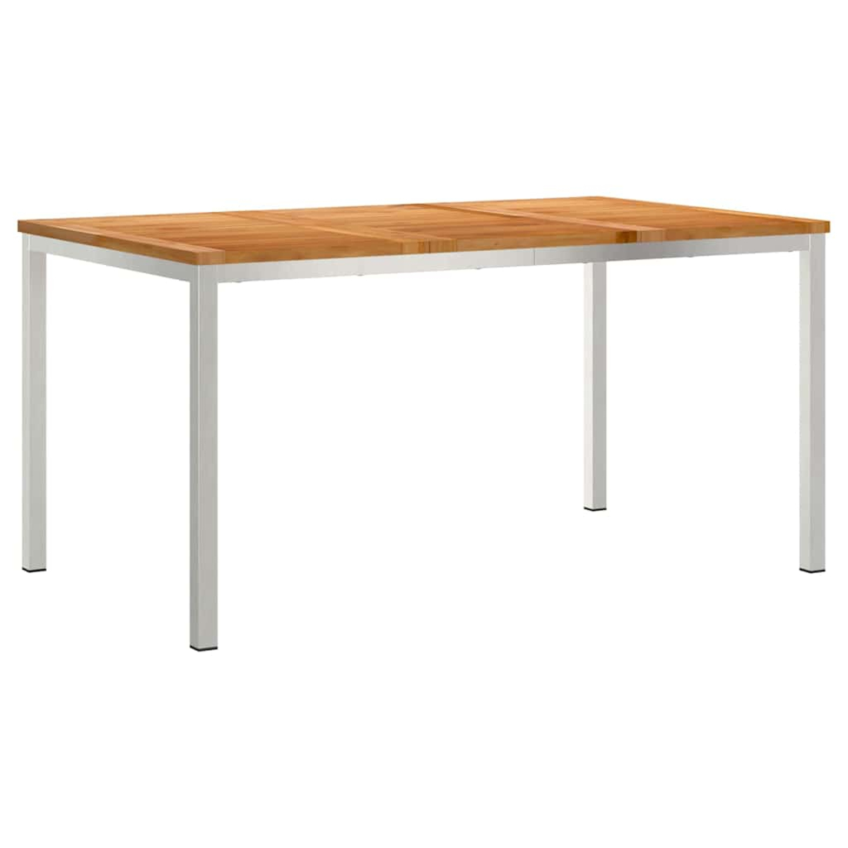 Ein rechteckiger Holztisch mit hellbrauner Platte und weißen Metallbeinen. Der Tisch ist auf weißem Hintergrund isoliert.