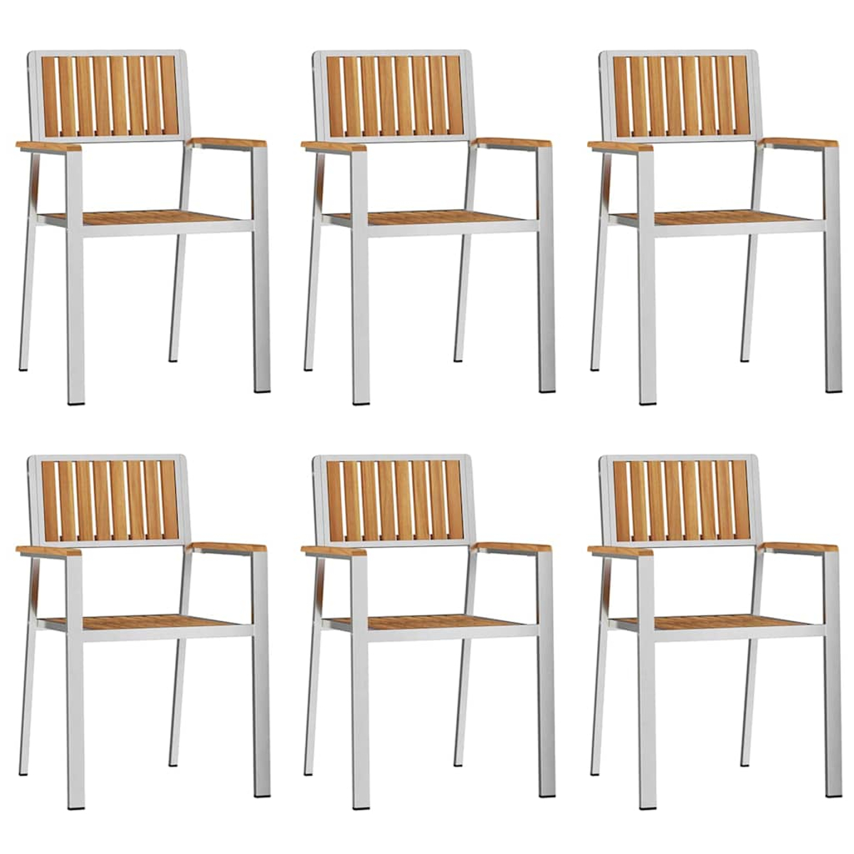 Sechs Stühle im Freien. Jeder hat Holzlatten für Rücken und Sitz, ein silbernes Metallgestell und Armlehnen. Alles in einem Raster angeordnet.