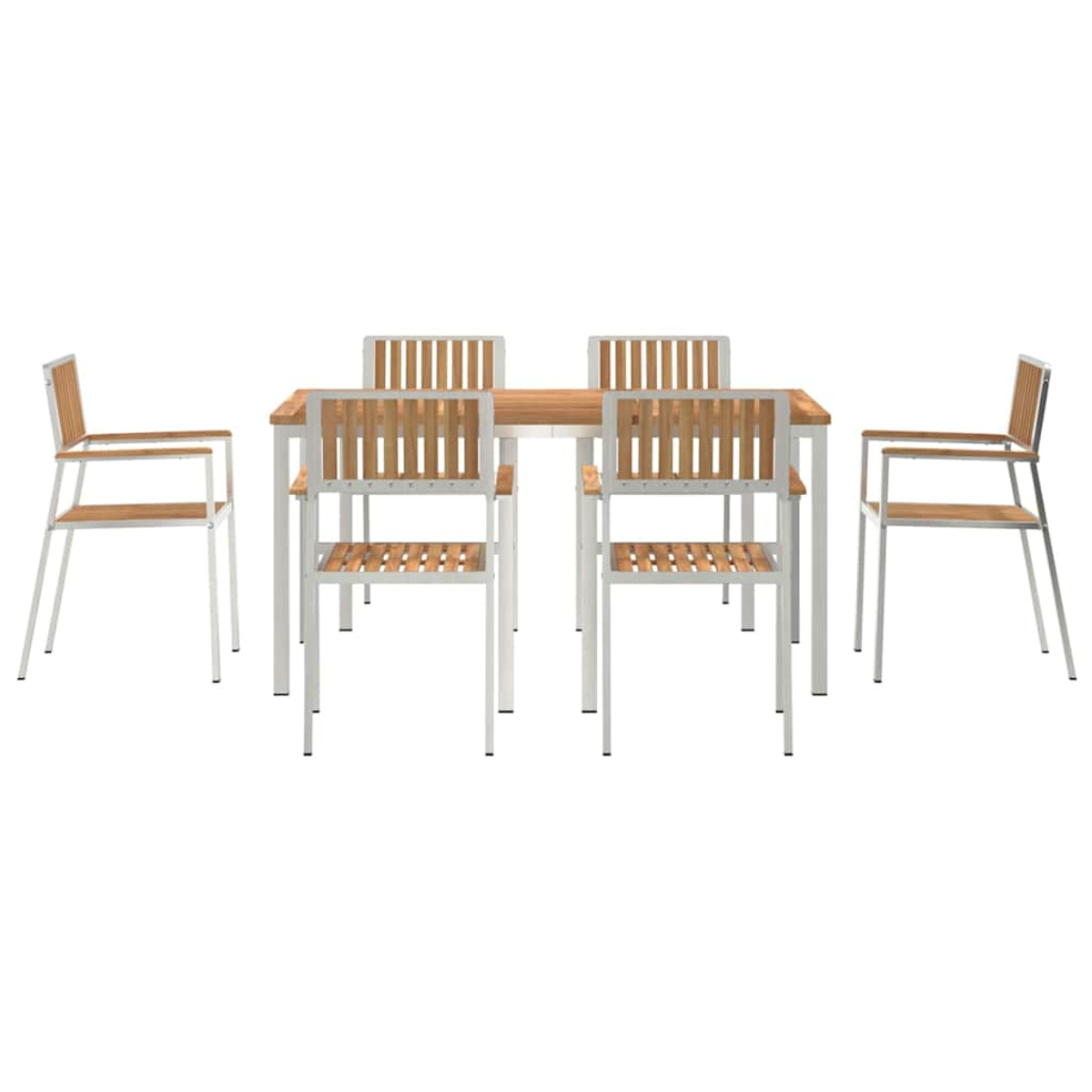 Essgruppe für draußen: ein rechteckiger Holztisch mit sechs Stühlen. Stühle haben weiße Rahmen und Sitzflächen und Rückenlehnen aus Holz. Weißer Hintergrund.