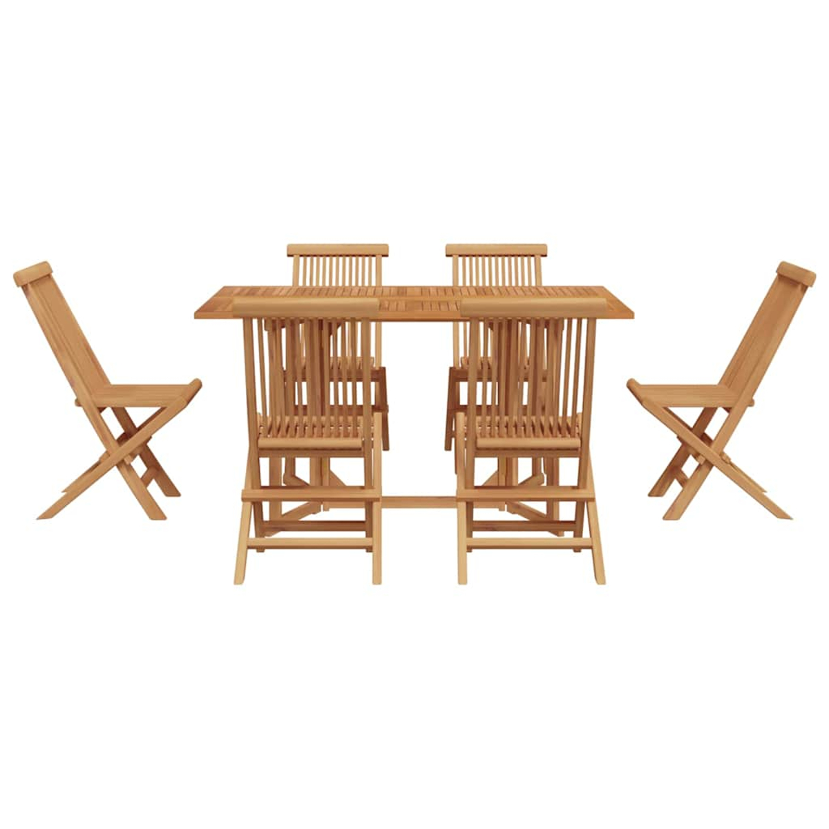 Holz-Essgruppe für den Außenbereich mit Tisch und vier Stühlen auf weißem Hintergrund. Die Stühle sind zusammenklappbar.