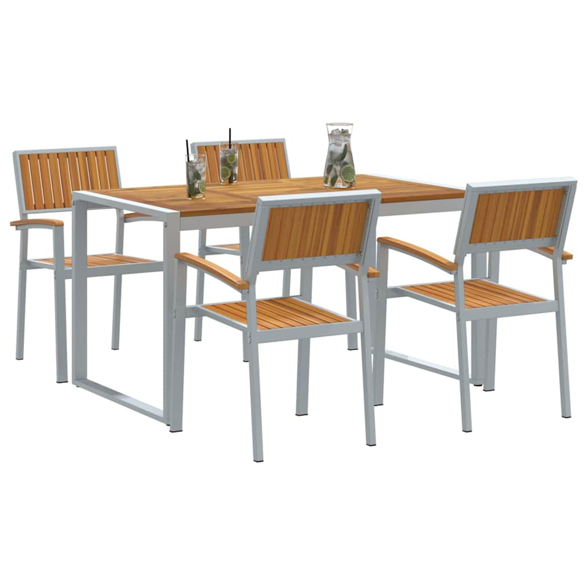 Ein Holztisch mit vier Stühlen. Auf dem Tisch stehen Getränke und eine Kanne. Die Stühle haben Sitzflächen und Rückenlehnen aus Holz.