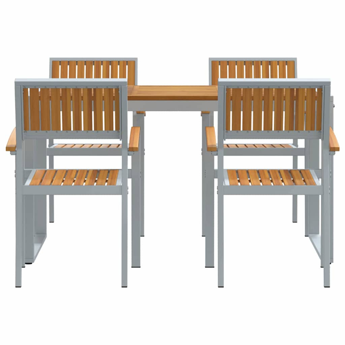 Ein quadratischer Tisch und vier Stühle. Die Stühle haben Holzlatten und Armlehnen mit Metallrahmen. Der Tisch hat eine Holzplatte.