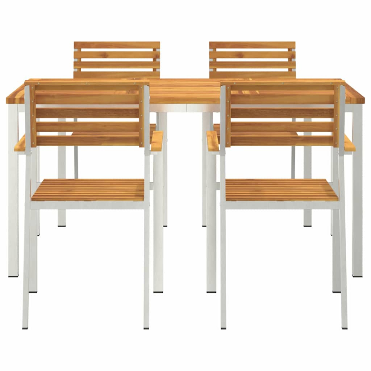 Ein Holztisch und vier Stühle mit weißen Metallrahmen. Die Stühle und der Tisch haben Holzlatten. Weißer Hintergrund.