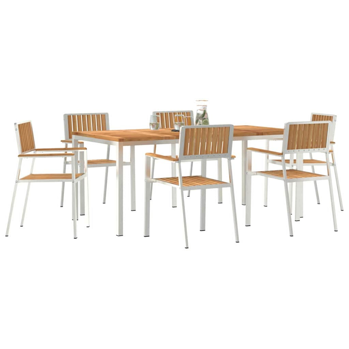 Ein rechteckiger Holztisch mit sechs Stühlen. Die Stühle haben weiße Rahmen und Holzlatten. Zwei Gläser und ein Glas mit Zitronen stehen auf dem Tisch.