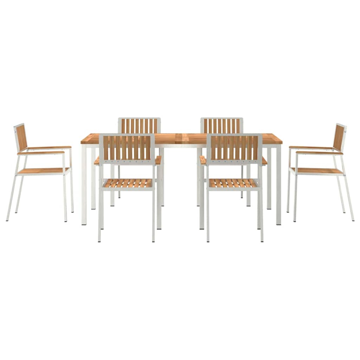 Ein Esszimmerset mit einem rechteckigen Holztisch und sechs Stühlen. Die Stühle haben Holzlatten und weiße Metallrahmen.