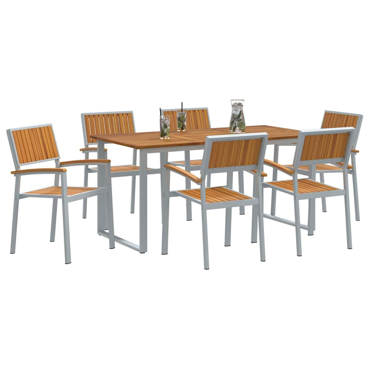 Ein Holztisch mit sechs Stühlen. Die Stühle und der Tisch haben einen hellgrauen Rahmen und Holzverkleidung. Getränke stehen auf dem Tisch.
