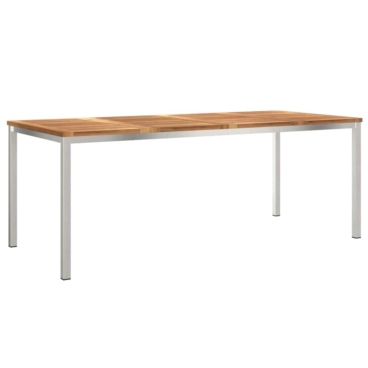 Una mesa rectangular de madera con estructura metálica clara. La tapa es marrón claro y las patas plateadas. El fondo es blanco.