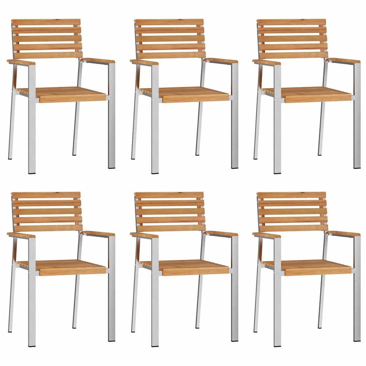 Seis sillas de madera y metal están dispuestas en una cuadrícula sobre un fondo blanco. Cada silla tiene respaldo y asiento de listones, con patas plateadas.