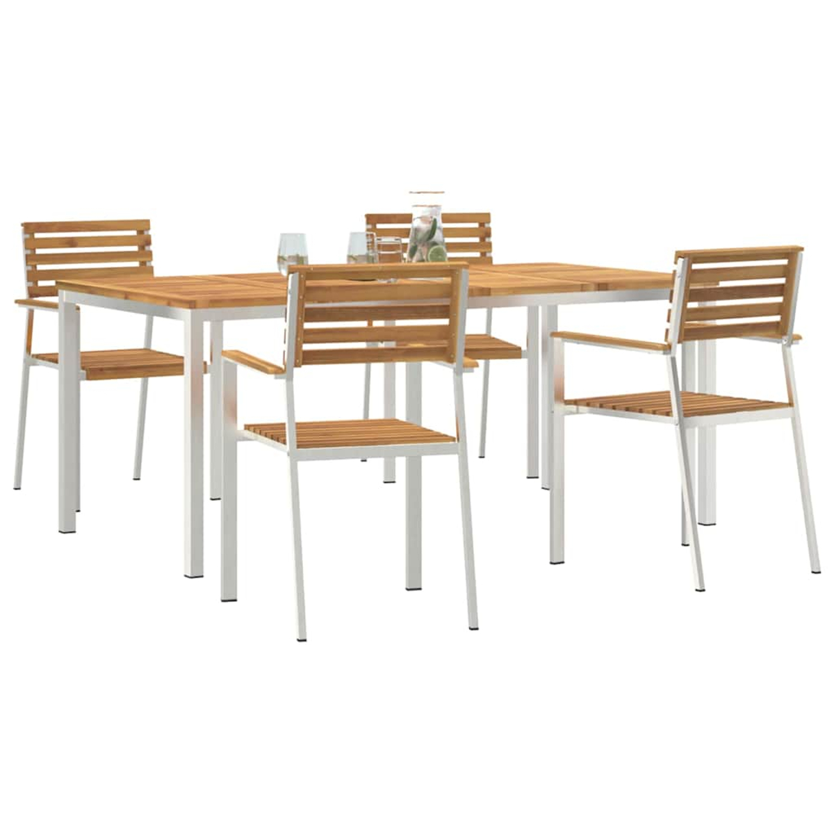 Ein Holztisch mit vier Stühlen. Der Tisch hat eine hellbraune Platte und weiße Beine. Stühle sind Holz mit weißen Rahmen. Gläser auf dem Tisch.