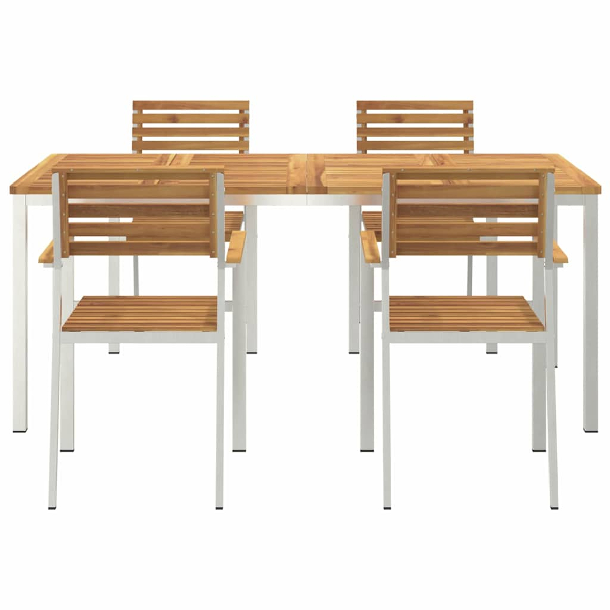 Ein Holztisch und vier Stühle. Der Tisch hat eine hellbraune Holzplatte mit weißen Metallbeinen. Die Stühle haben ein ähnliches Design.