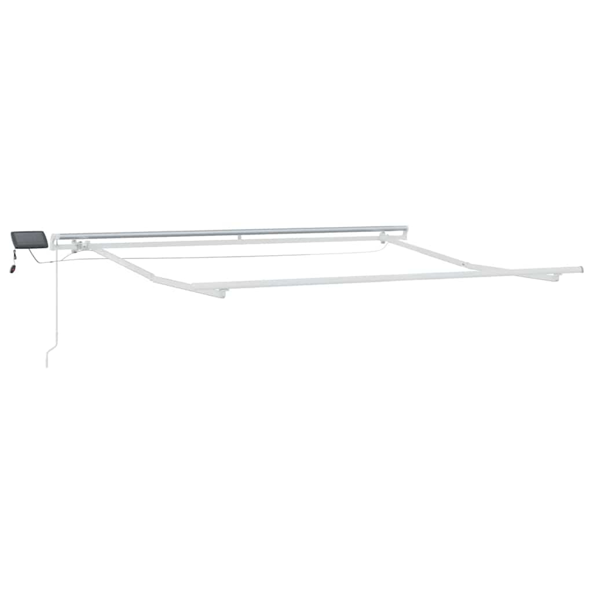 Un toldo blanco montado en una pared blanca. Una pequeña caja de control negra a la izquierda. El toldo está extendido.