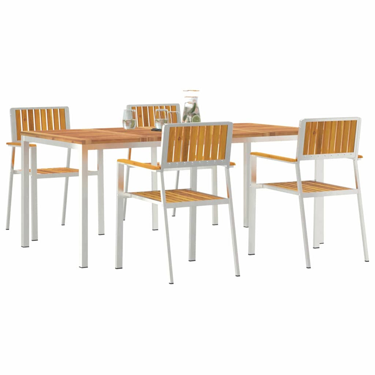 Ein Holztisch mit vier Stühlen. Stühle und Tisch haben eine hellbraune Holzoberfläche und ein weißes Metallgestell. Auf dem Tisch stehen Gläser.