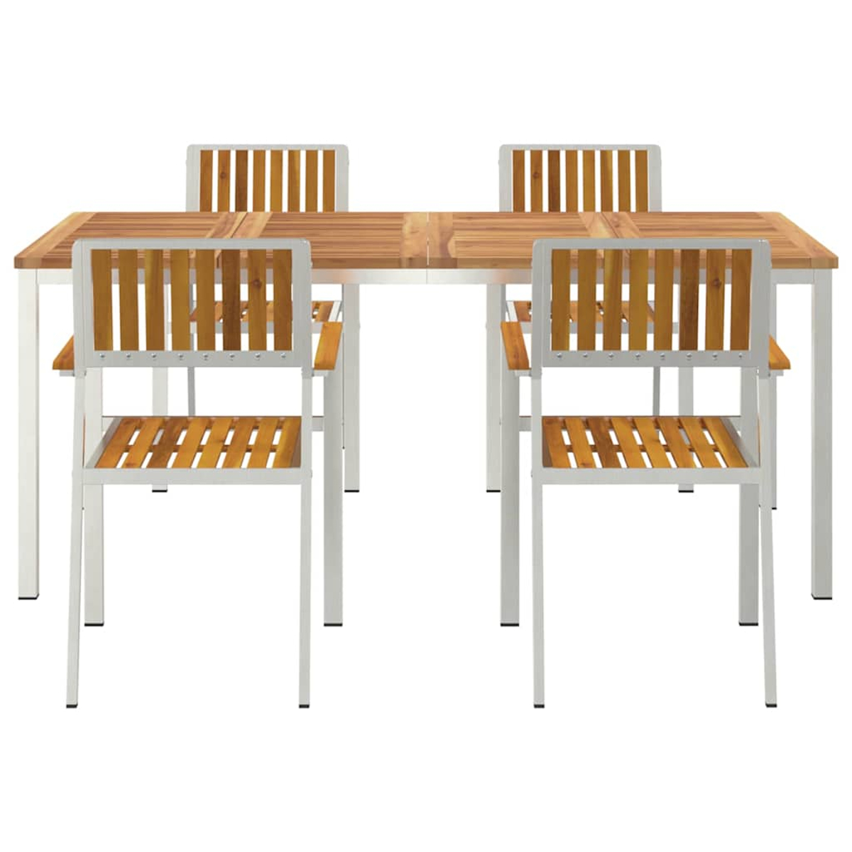 Ein Holztisch mit vier passenden Stühlen. Der Tisch hat eine hellfarbene Holzplatte und weiße Beine. Stühle haben Holzlatten.