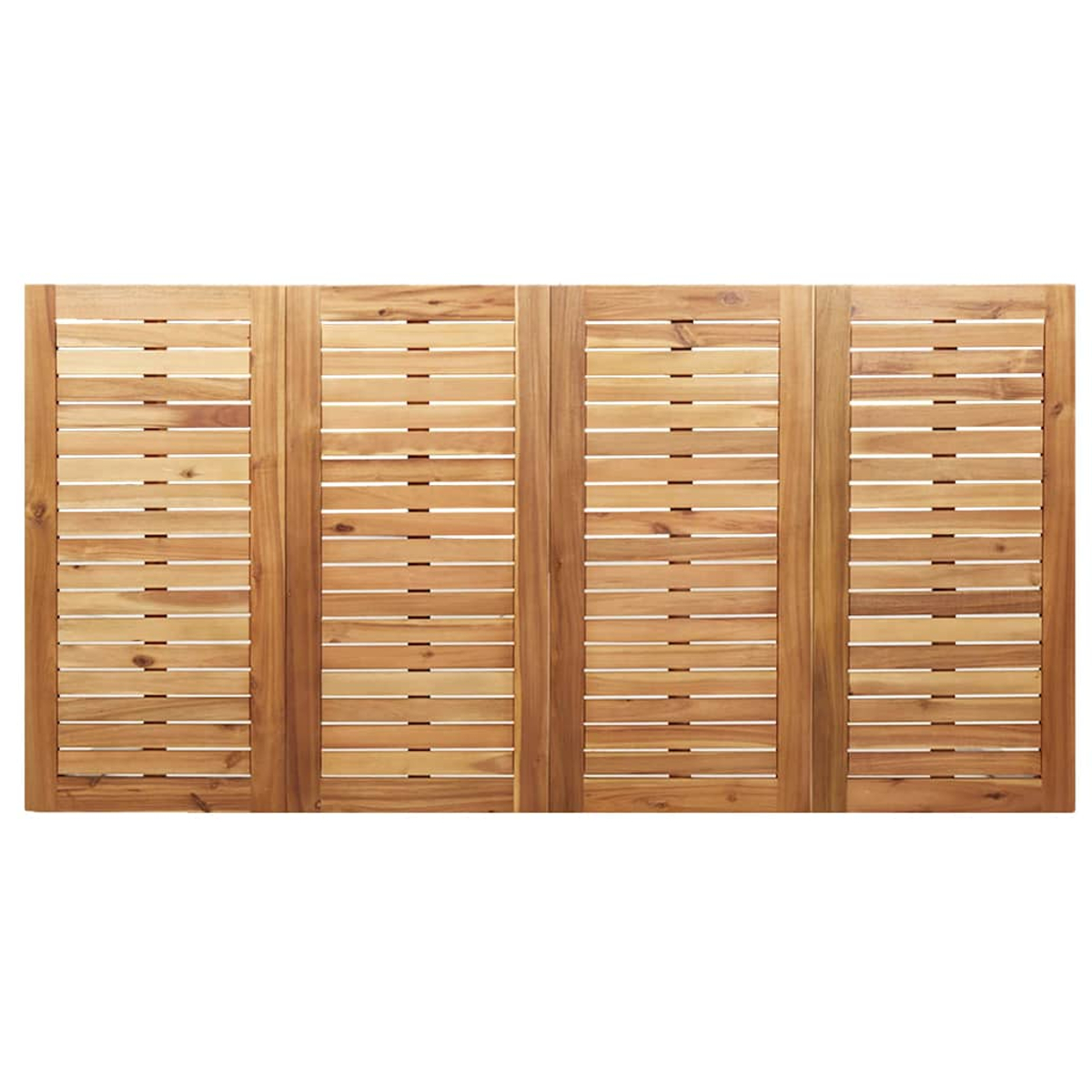 Vier Holzpaneele mit horizontalen Lamellen bilden eine rechteckige Struktur. Das Holz ist hellbraun mit sichtbarer Maserung und kleinen Lücken.
