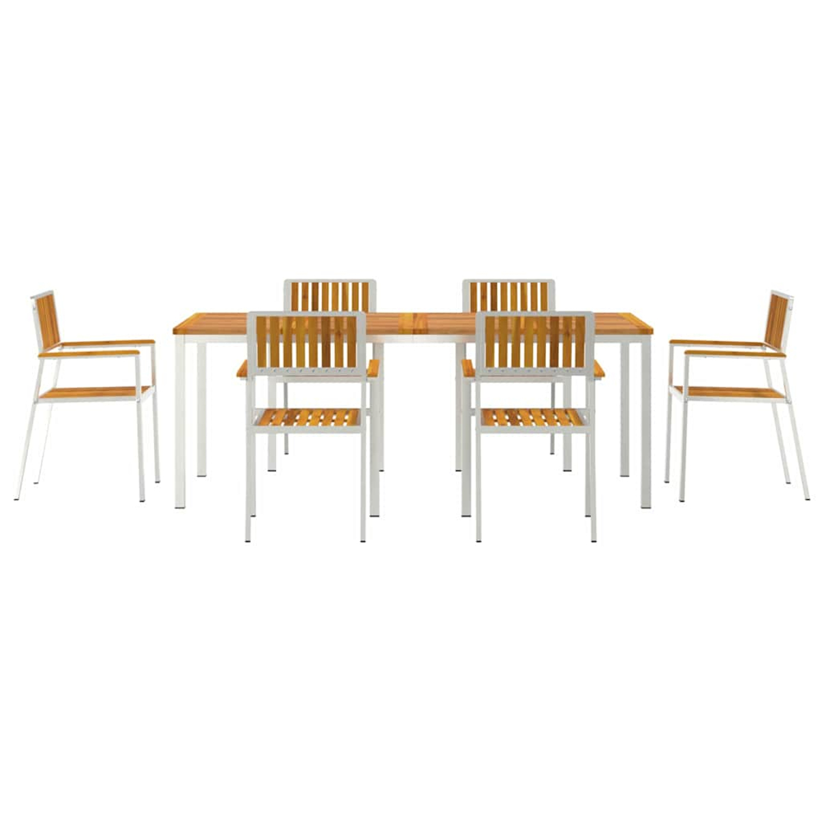Ein Holztisch mit sechs Stühlen. Die Stühle und der Tisch haben weiße Rahmen und Holzsitzflächen. Der Hintergrund ist weiß.