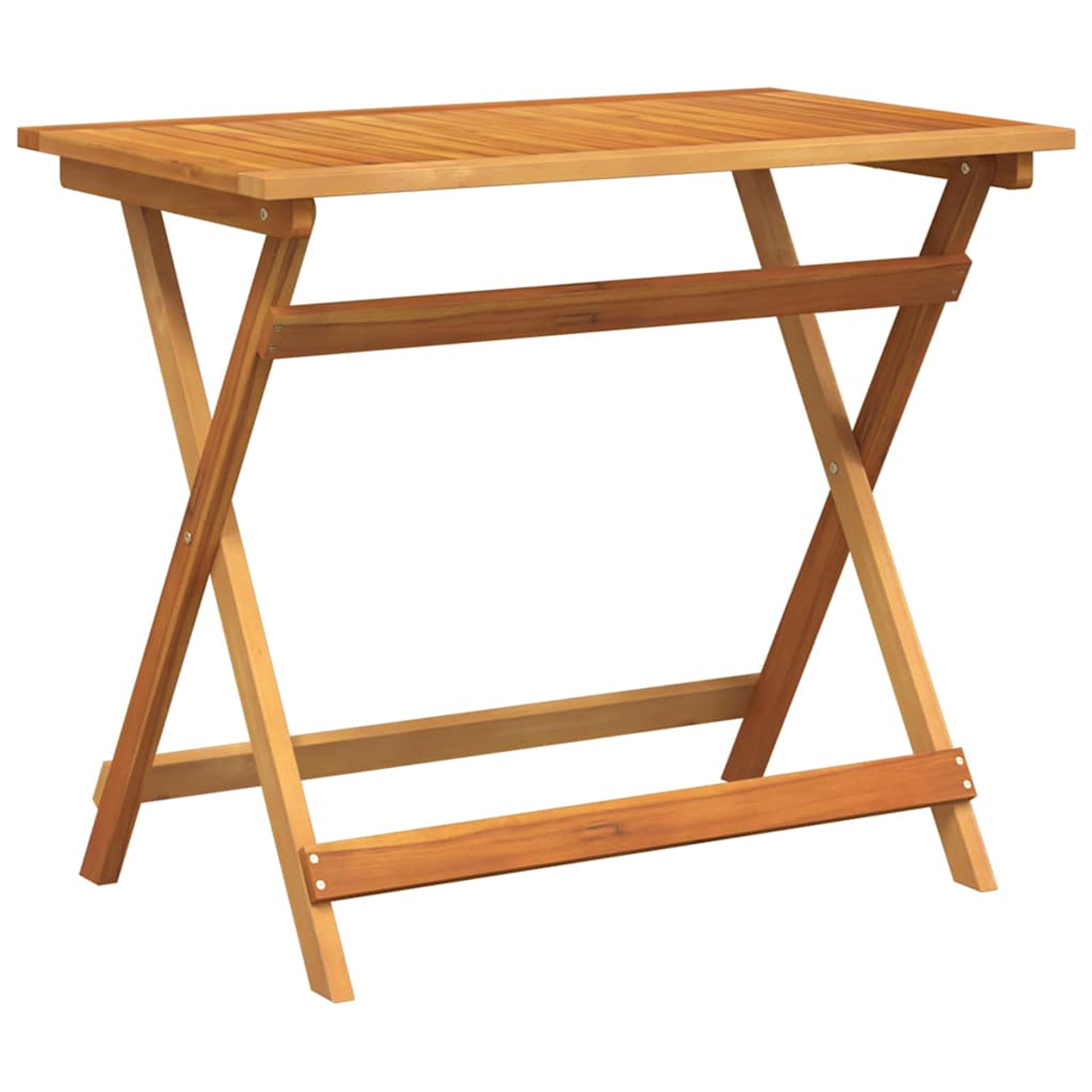 Ein klappbarer Holztisch. Die Tischplatte ist rechteckig und wird von kreuzbeinigen Stützen getragen. Das Holz ist hellbraun.
