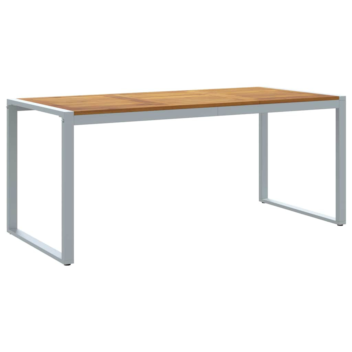 Una mesa rectangular de madera con estructura metálica gris claro. La tapa es de paneles de madera marrón.