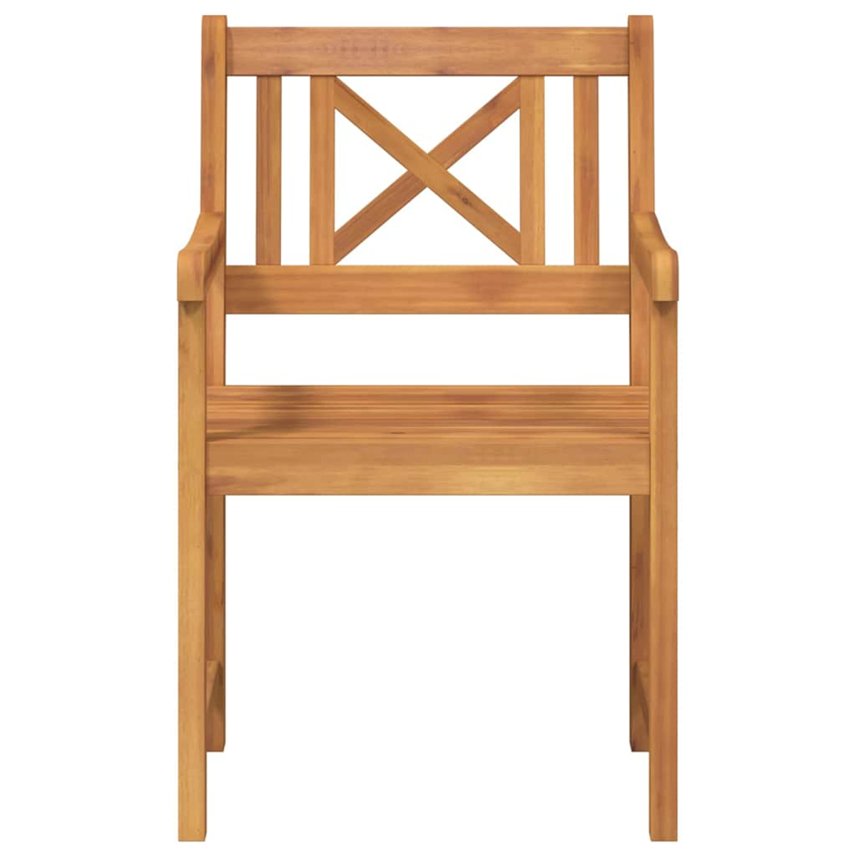 Holzstuhl mit Armlehnen. Er hat eine Sitzfläche und Rückenlehne aus Latten, mit einem 'X'-Design in der Rückenlehne. Der Stuhl ist aus hellbraunem Holz.
