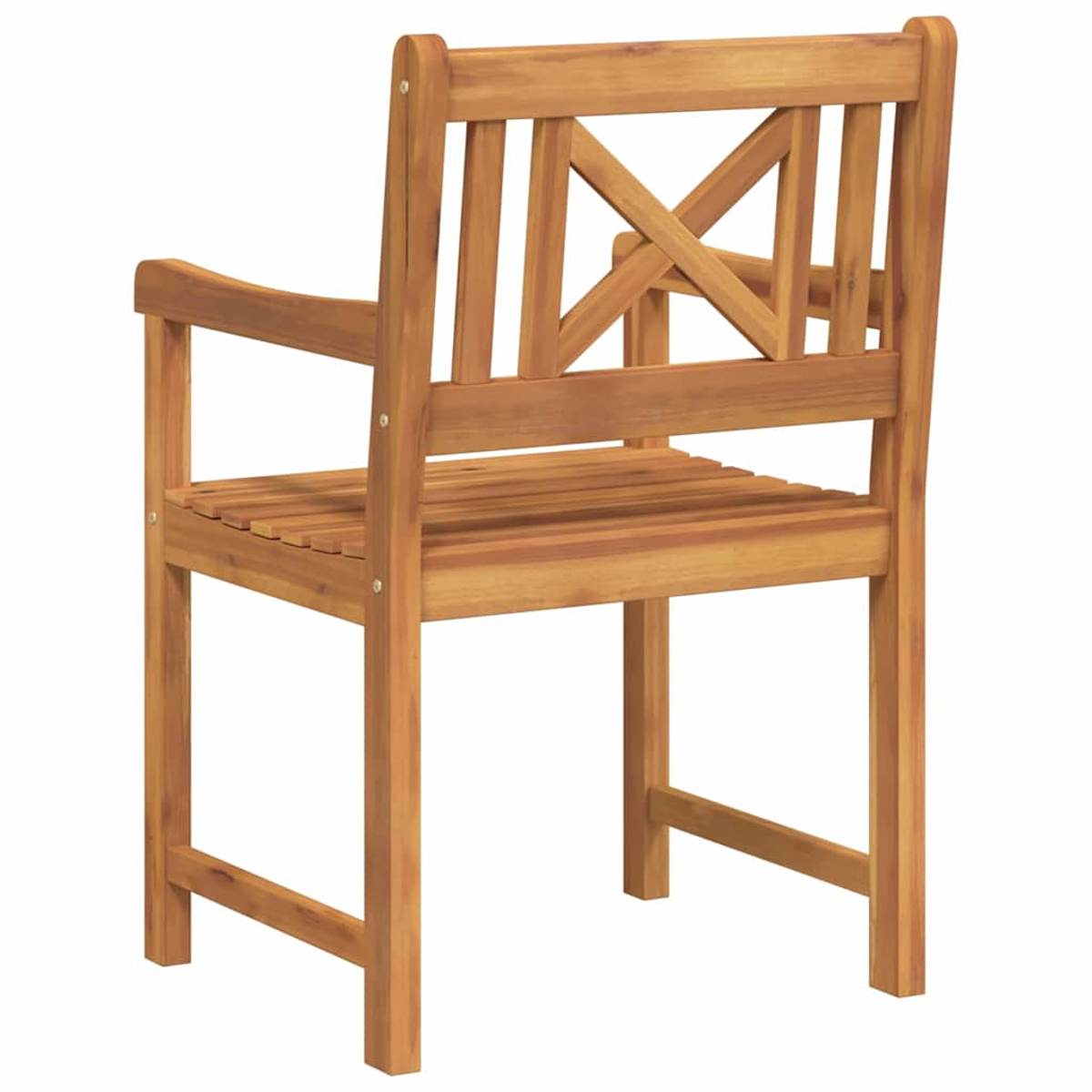 Holzstuhl. Braun, Outdoor-Stil. Rückenlehne mit 'X'-Design. Sitzfläche mit Lamellen. Armlehnen. Vier Beine.
