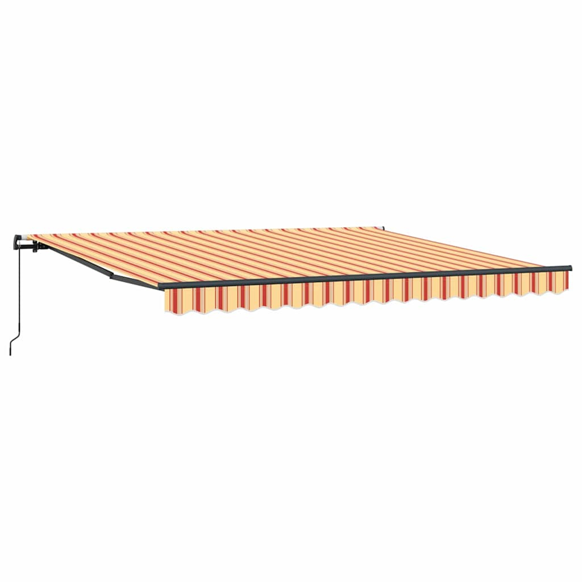 Una tenda da sole retrattile a righe beige e rosse. È estesa e montata su un telaio nero, con un cordoncino di trazione.