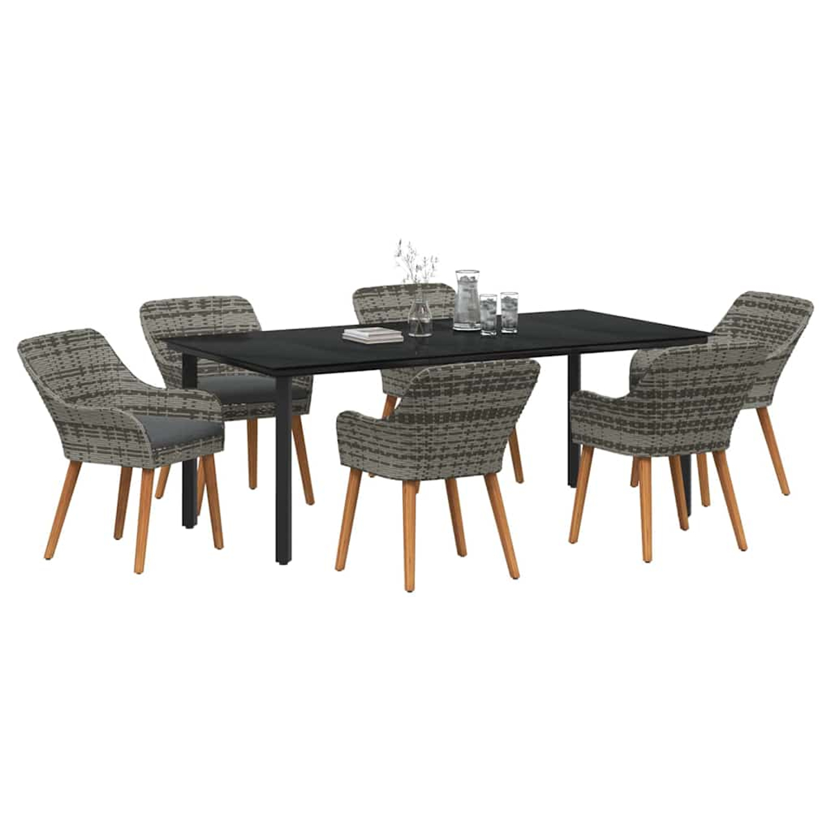 Un juego de comedor con una mesa negra, seis sillas tejidas y cristalería. Las sillas tienen patas de madera.